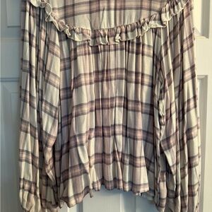 Free People Tan and White Ruffled Long Sleeve Blouse